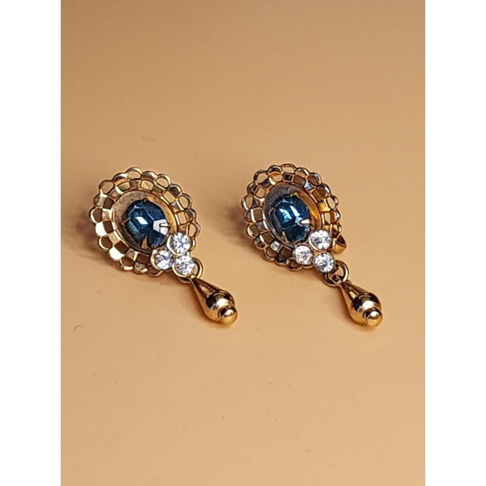 80+ Yr Old Antique CORO Blue Green Dangle Teardrop Gold Tone Screwback Earrings